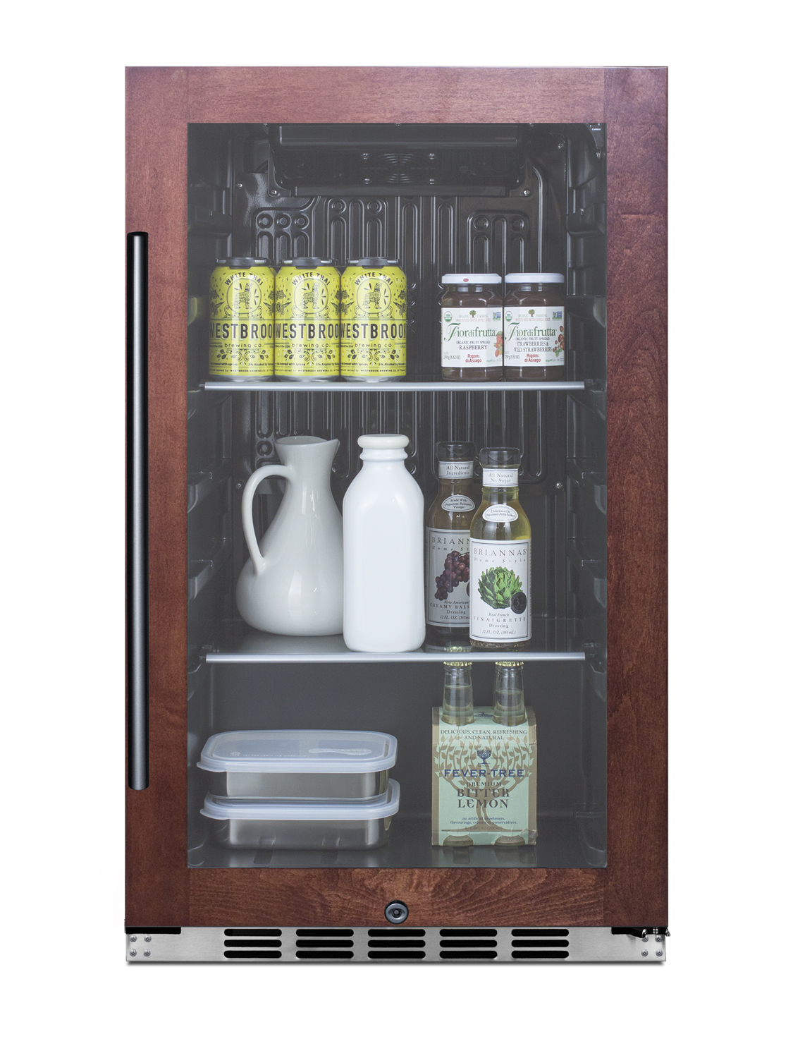 Commercially approved indoor/outdoor beverage cooler for built-in or freestanding use with a shallow 17.75